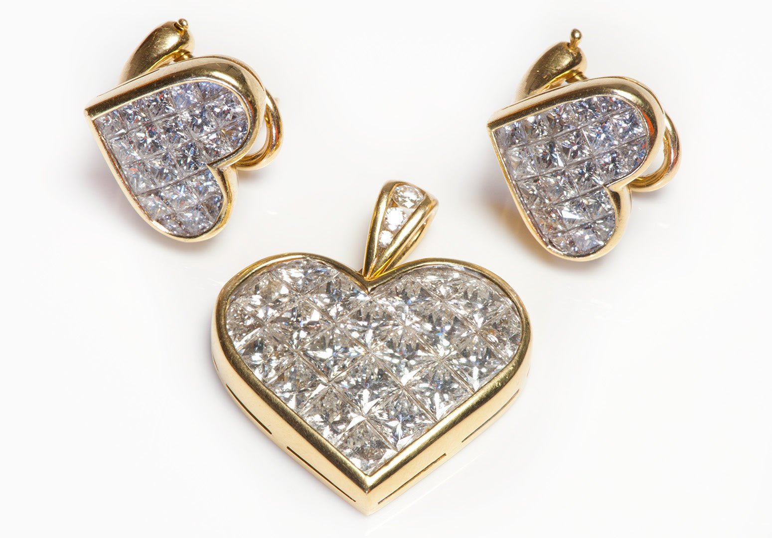 Tiffany & Co. 18K Gold Radiant Diamond Heart Pendant Earrings