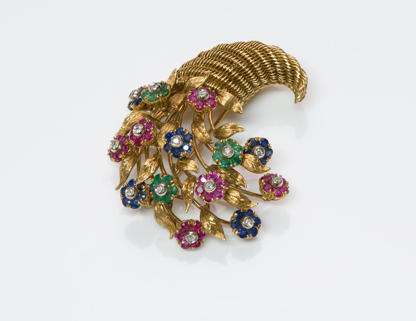 Tiffany & Co. 18K Gold Ruby Emerald Sapphire Diamond Tremblant Cornucopia Brooch