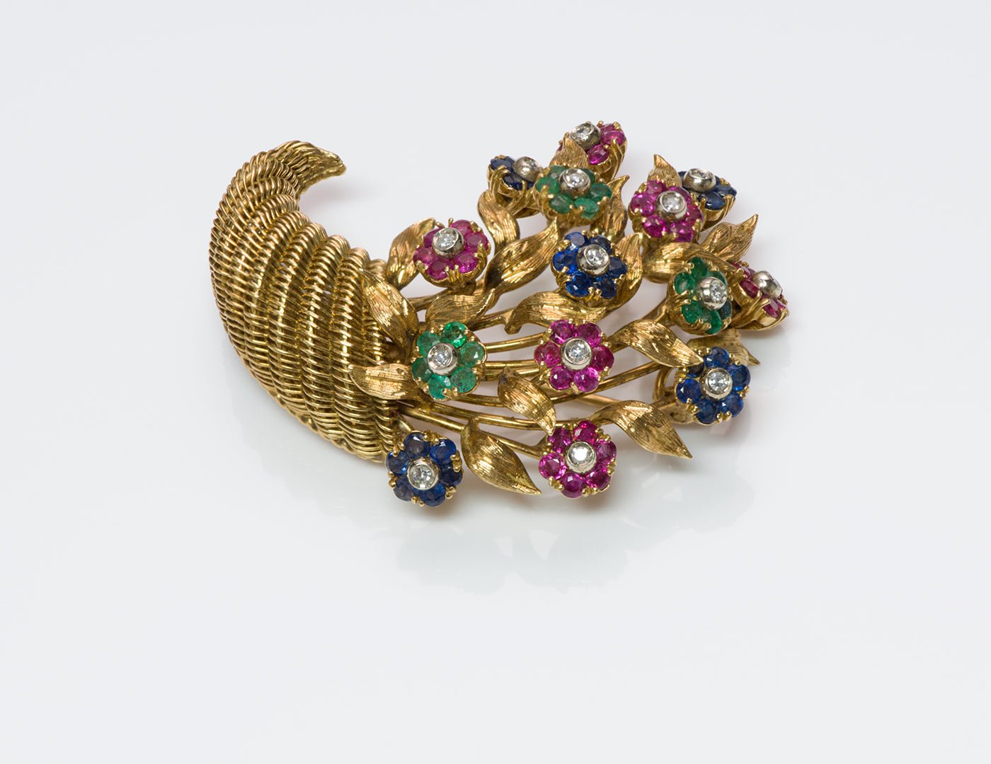 Tiffany & Co. 18K Gold Ruby Emerald Sapphire Diamond Tremblant Cornucopia Brooch