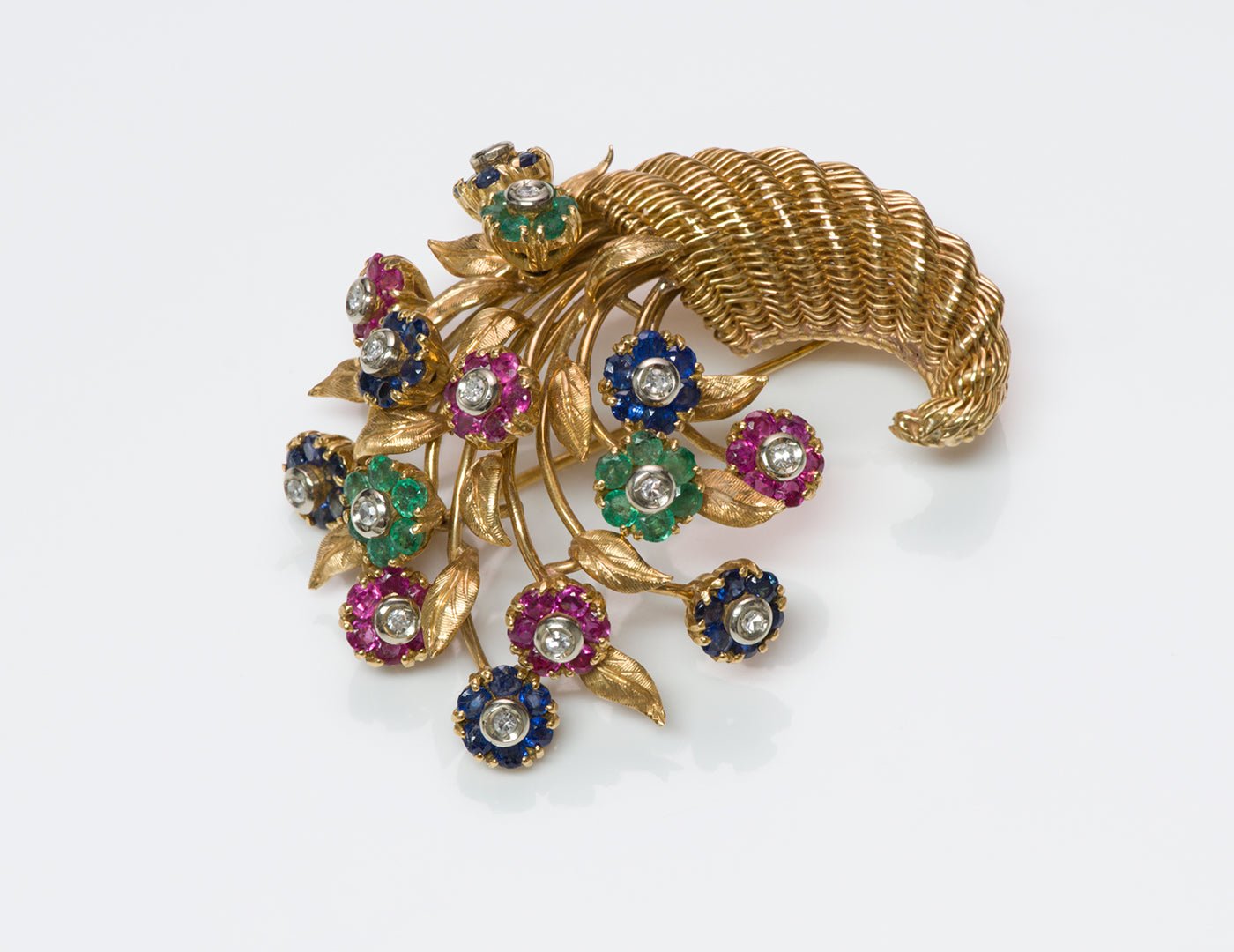 Tiffany & Co 18K Gold Ruby Emerald Sapphire Diamond Tremblant Cornucopia Brooch