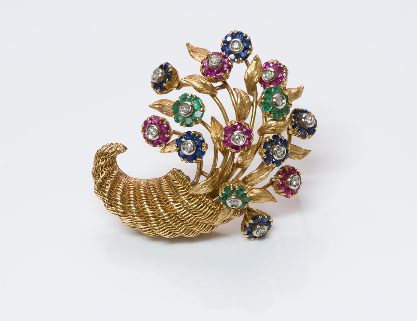 Tiffany & Co 18K Gold Ruby Emerald Sapphire Diamond Tremblant Cornucopia Brooch