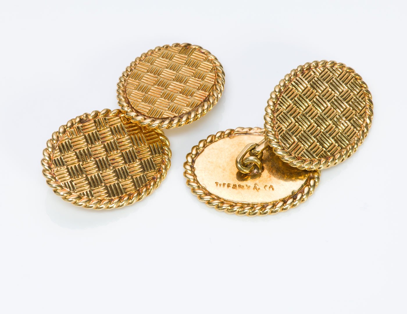 Tiffany & Co. 18K Yellow Gold Basket Weave Cufflink Stud Set