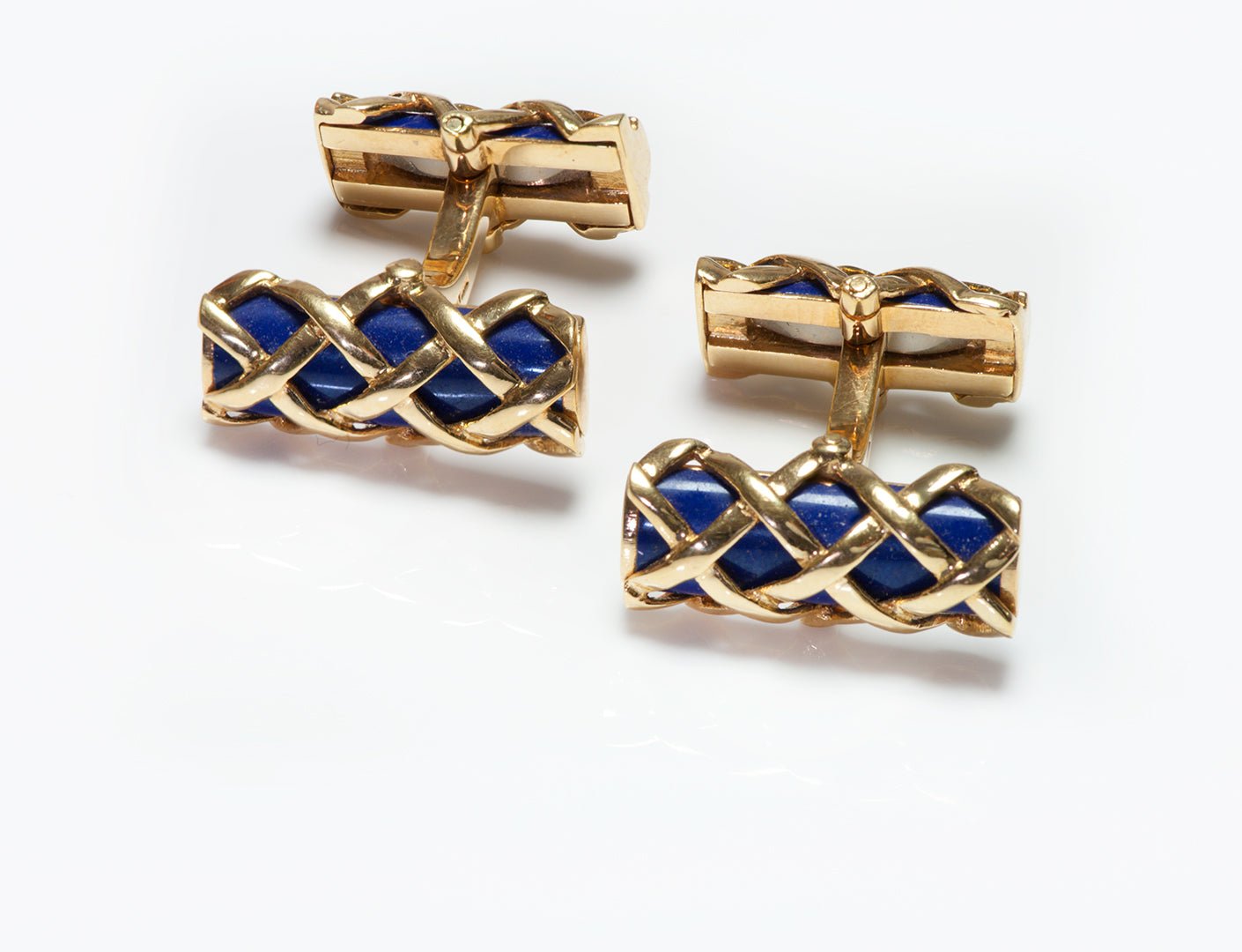 Tiffany & Co. 18K Yellow Gold Lapis Criss Cross Bar Cufflinks