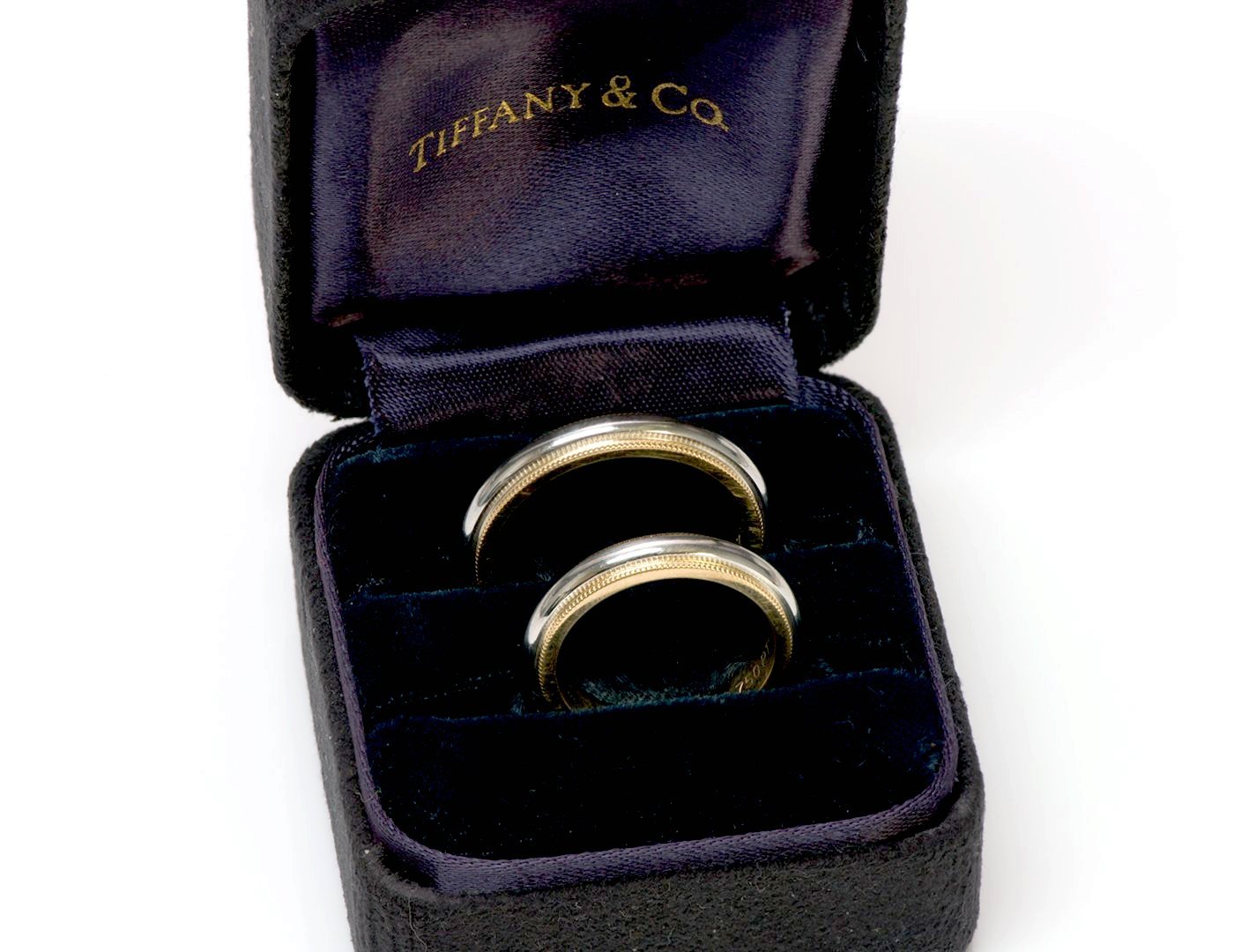 Tiffany & Co. Platinum 18K Gold Milgrain Wedding Band Ring Set