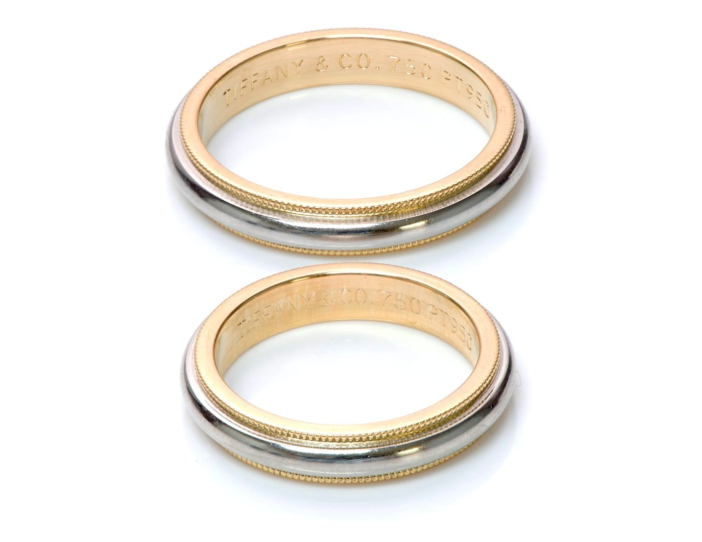 Tiffany & Co. Platinum 18K Gold Milgrain Wedding Band Ring Set