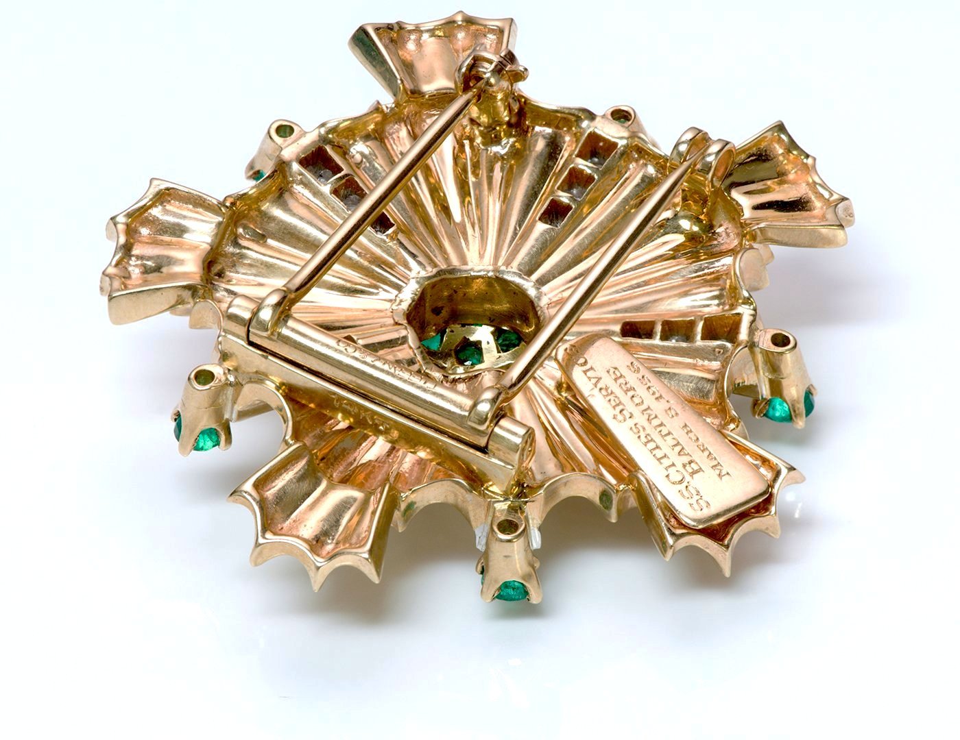 Tiffany & Co. Retro Starburst Emerald Diamond 14K Gold Pin Brooch