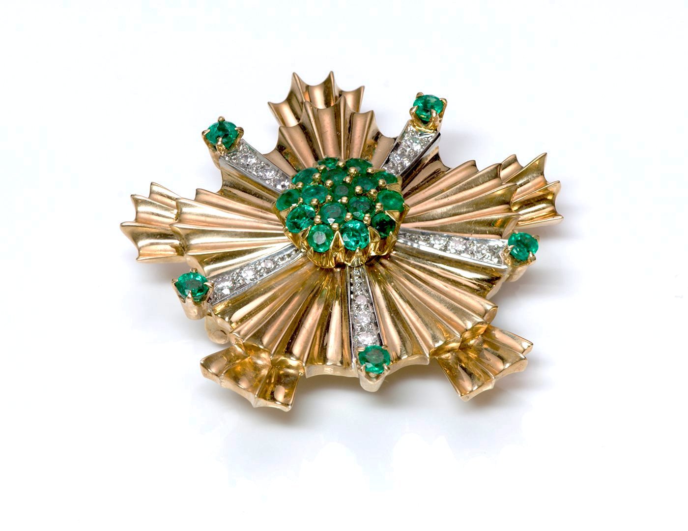 Tiffany & Co. Retro Starburst Emerald Diamond 14K Gold Pin Brooch