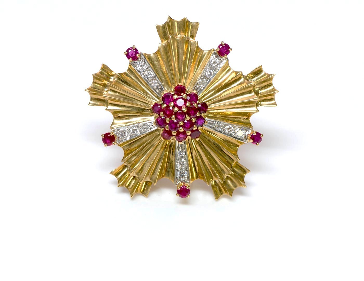 Tiffany & Co. Retro Starburst Ruby Diamond 18K Gold Pin Brooch