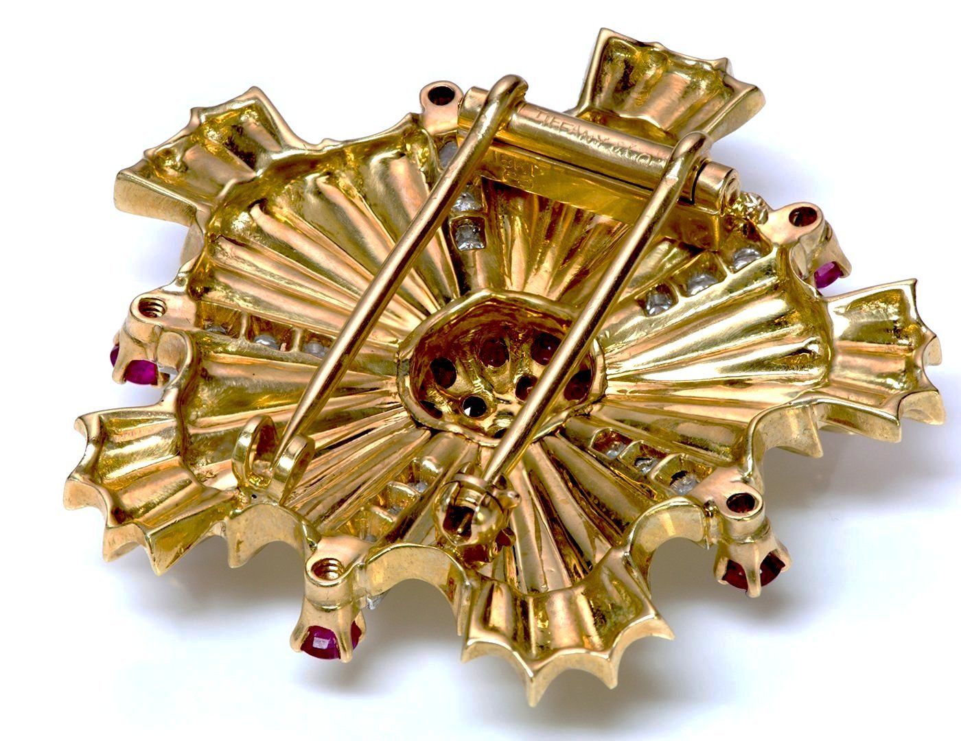 Tiffany & Co. Retro Starburst Ruby Diamond 18K Gold Pin Brooch