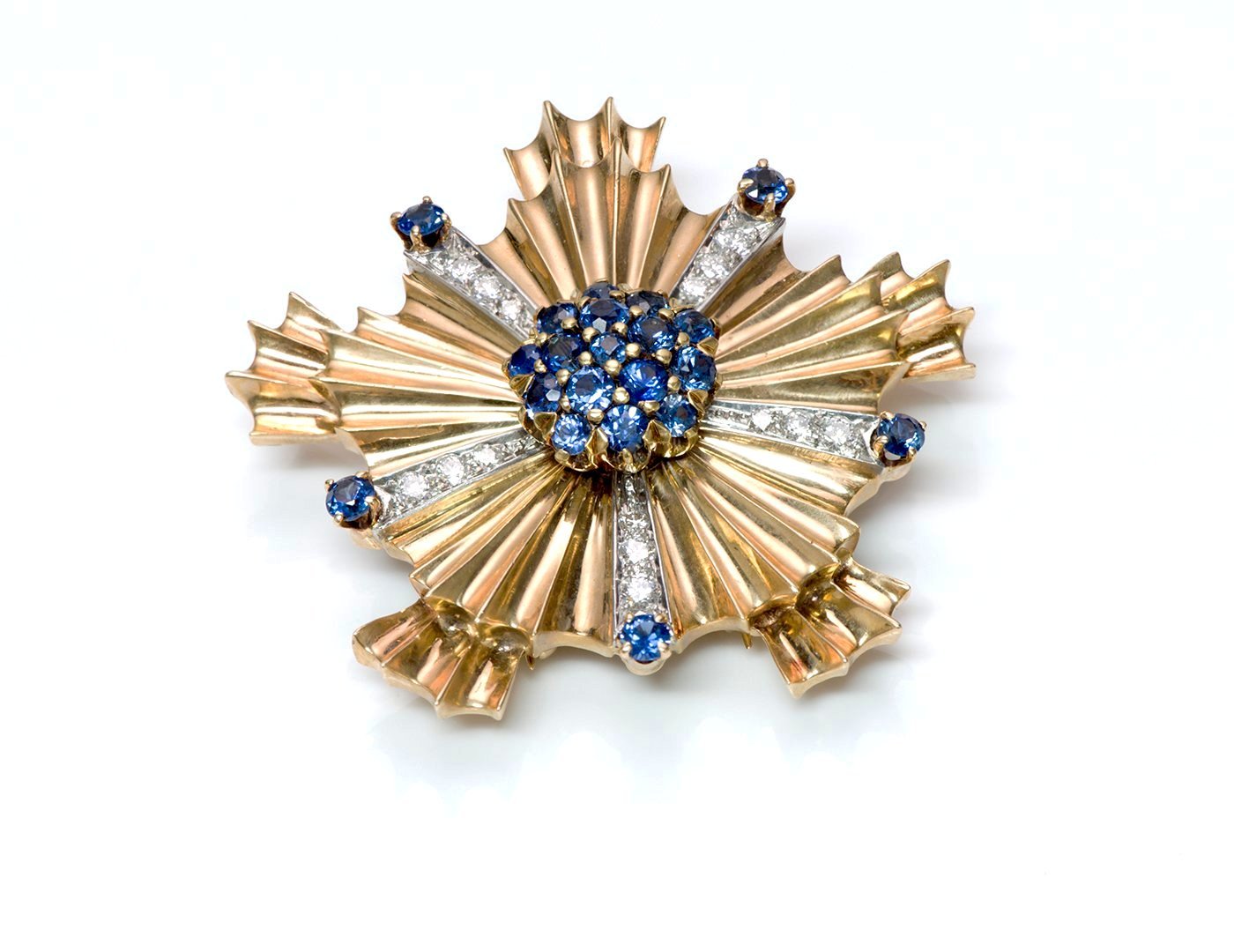 Tiffany & Co. Retro Starburst Sapphire Diamond 14K Gold Pin Brooch
