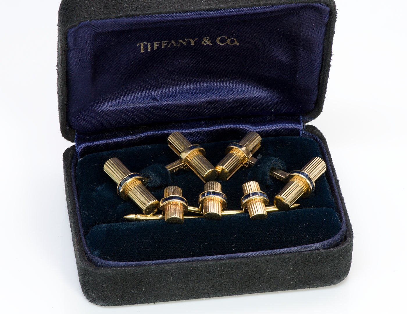 Tiffany & Co. Sapphire Gold Baton Bar Cufflink Stud Set