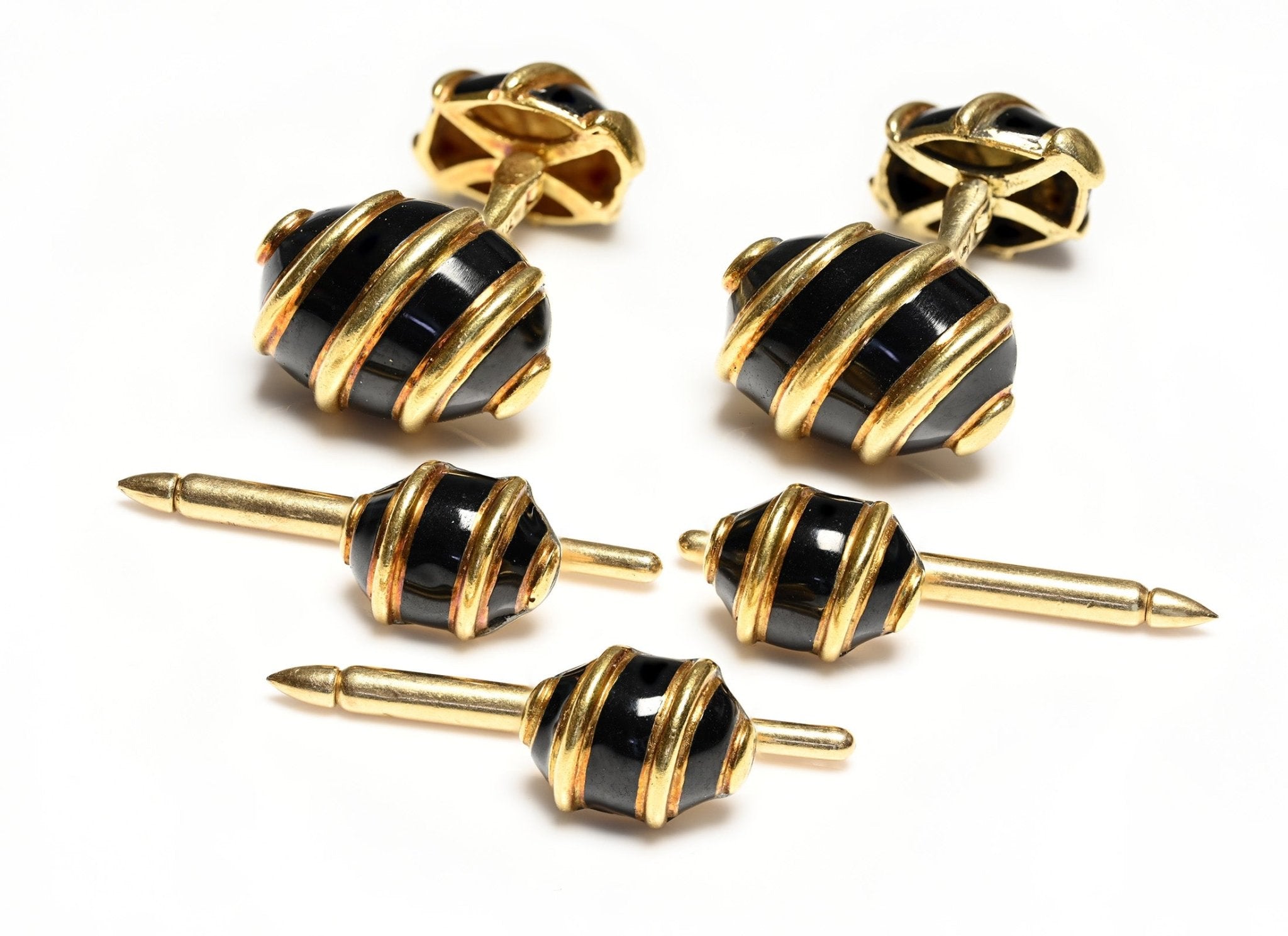 Tiffany & Co. Schlumberger 18K Gold Black Enamel Cufflink Stud Set