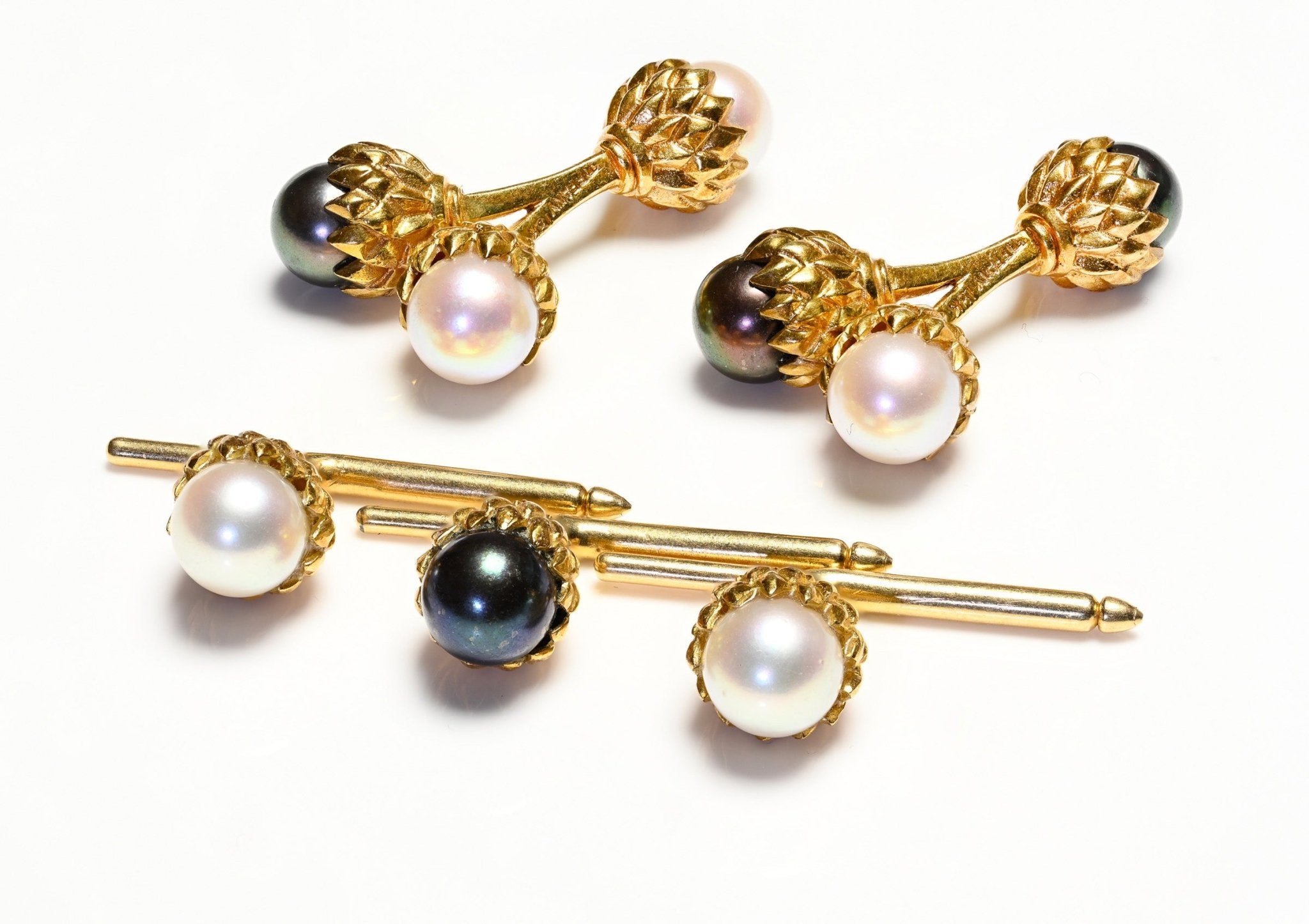 Tiffany & Co. Schlumberger 18K Gold Double Acorn Pearl Cufflink & Stud Set