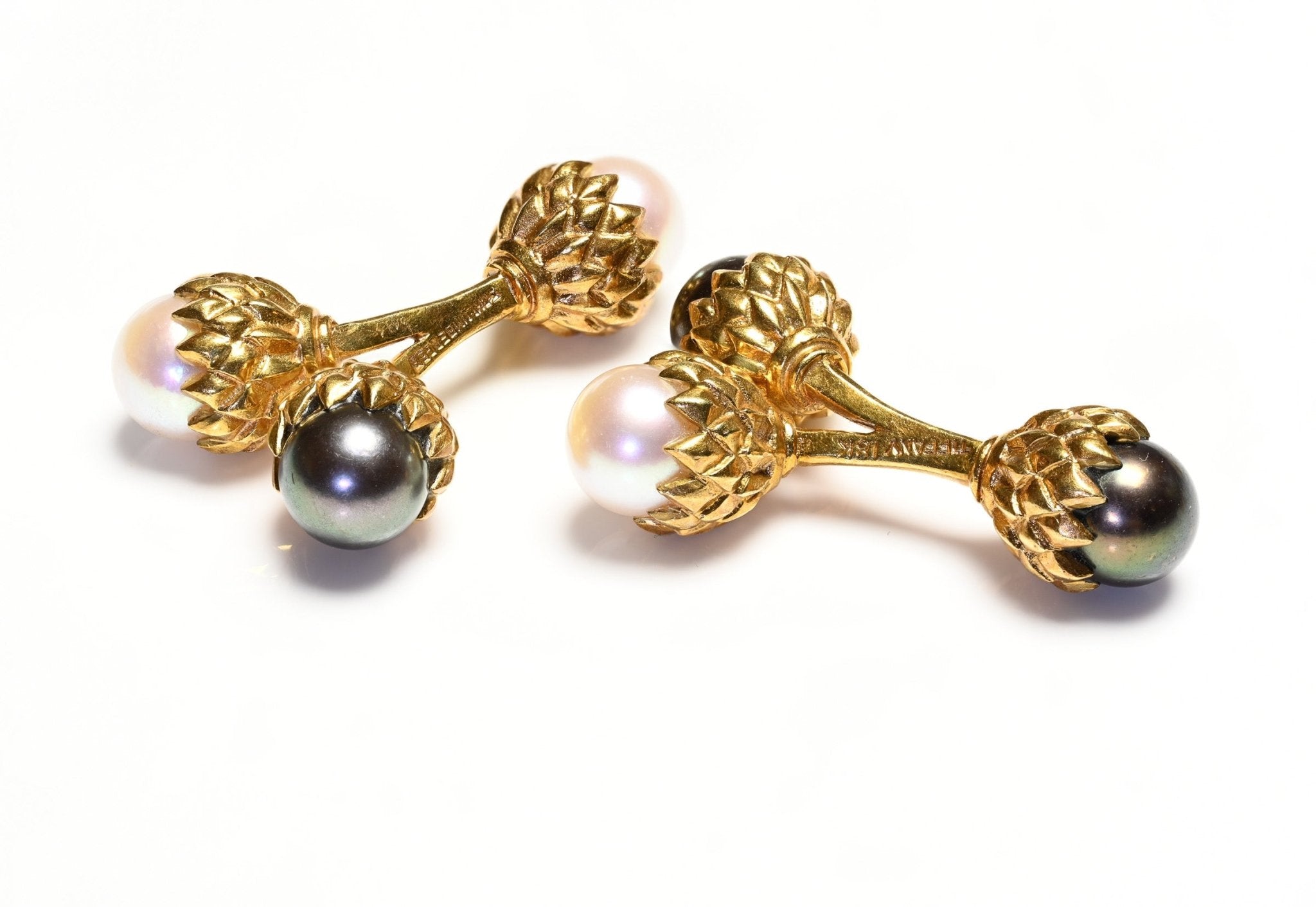 Tiffany & Co. Schlumberger 18K Gold Double Acorn Pearl Cufflink & Stud Set