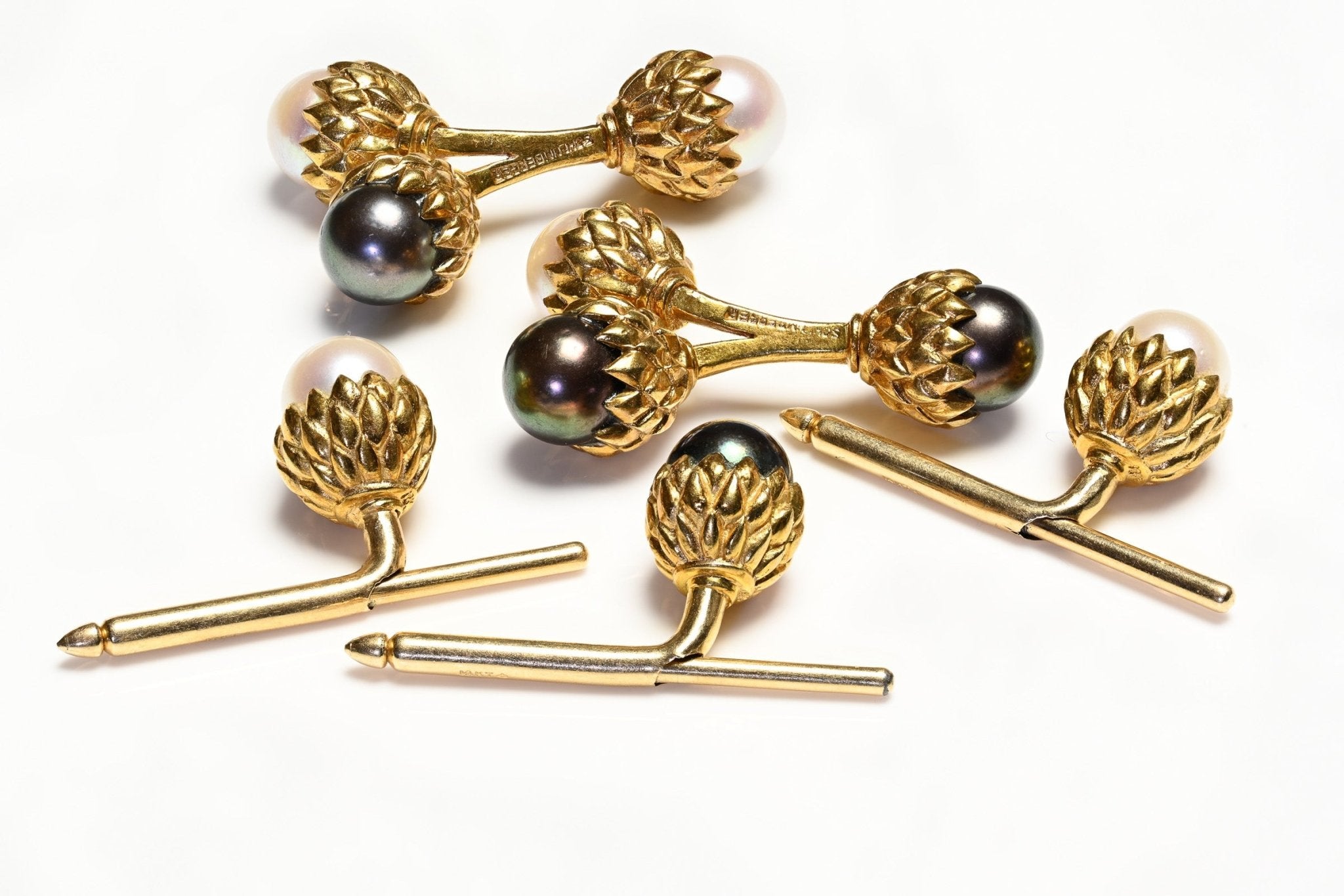 Tiffany & Co. Schlumberger 18K Gold Double Acorn Pearl Cufflink & Stud Set
