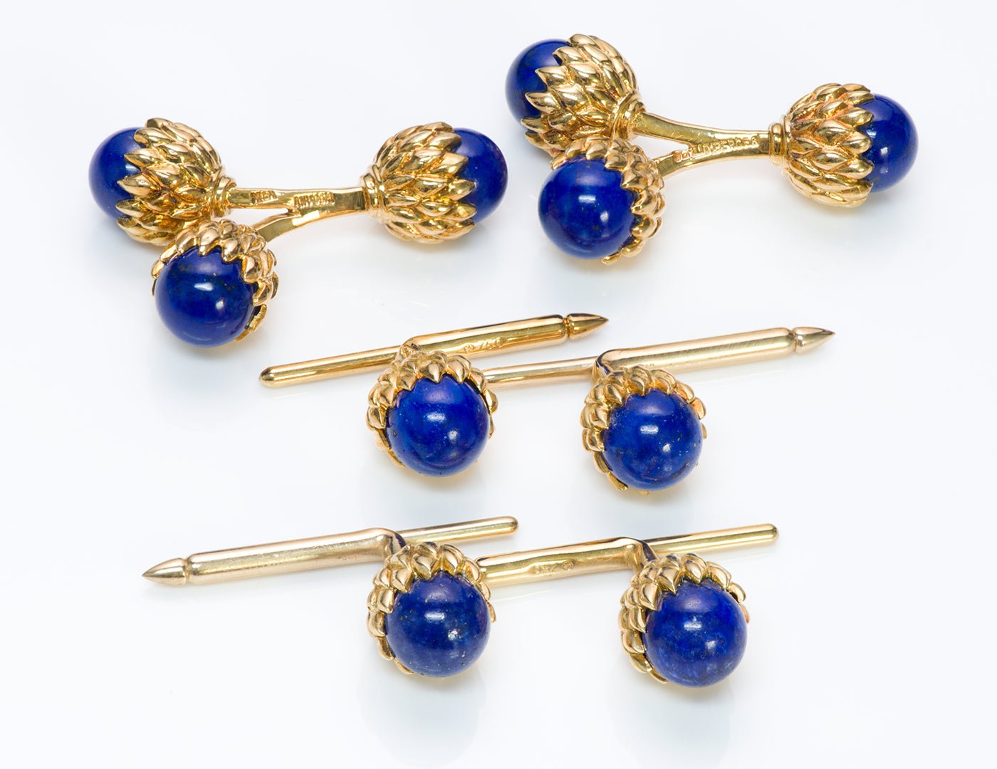 Tiffany & Co. Schlumberger Double Acorn Lapis 18K Gold Cufflink Stud Set