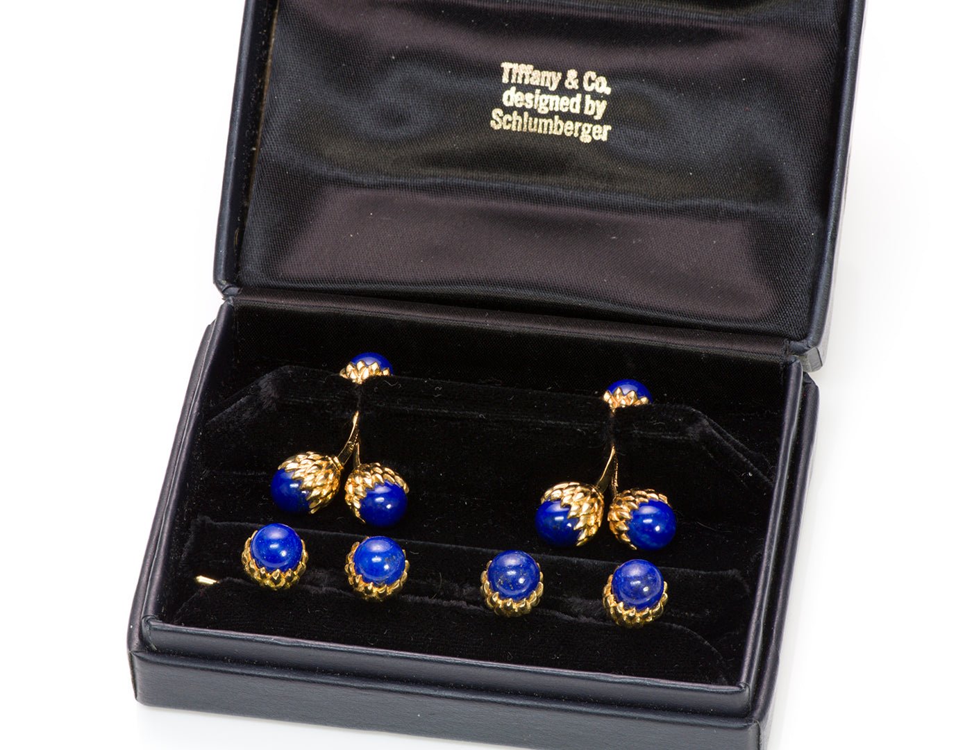 Tiffany & Co. Schlumberger Double Acorn Lapis 18K Gold Cufflink Stud Set
