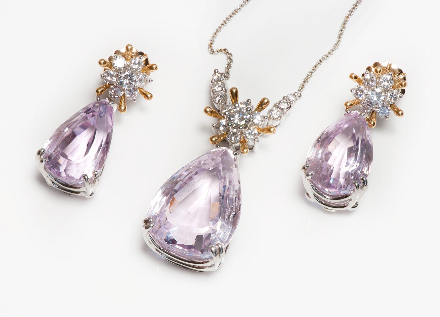 Tiffany & Co. Schlumberger Platinum Gold Kunzite Diamond Pendant Earrings