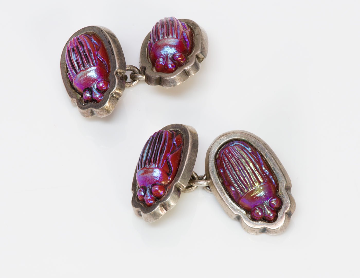 Tiffany & Co. Studios Sterling Favrile Iridescent Glass Scarab Cufflinks