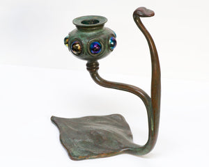 Tiffany Studios Bronze Iridescent Glass Candlestick
