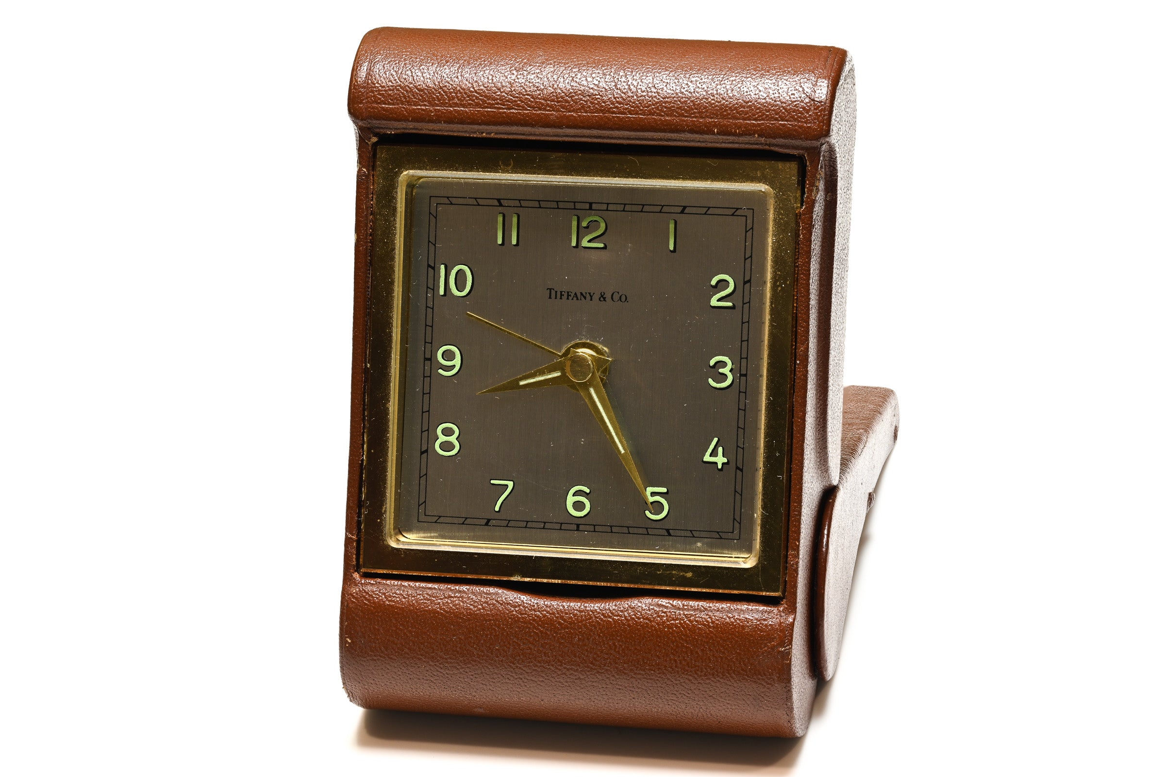 Vintage Tiffany & Co. Brown Leather Travel Desk Clock
