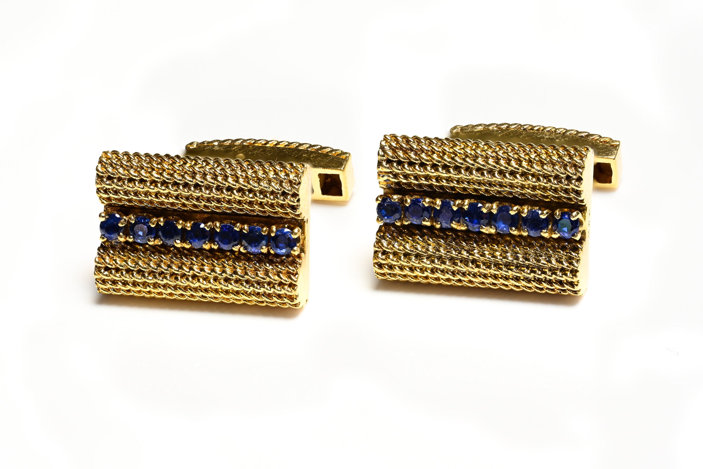 Tiffany Co. 18K Gold Cufflinks with Sapphire Accents Rope Design