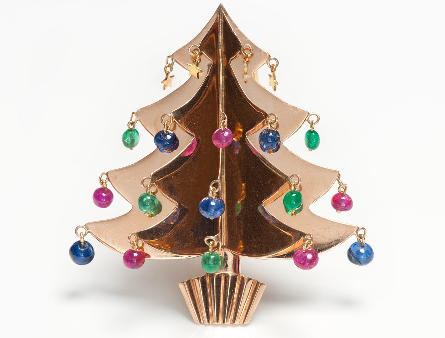 Trabert Hoeffer Mauboussin Ruby Emerald Sapphire Gold Christmas Tree Brooch