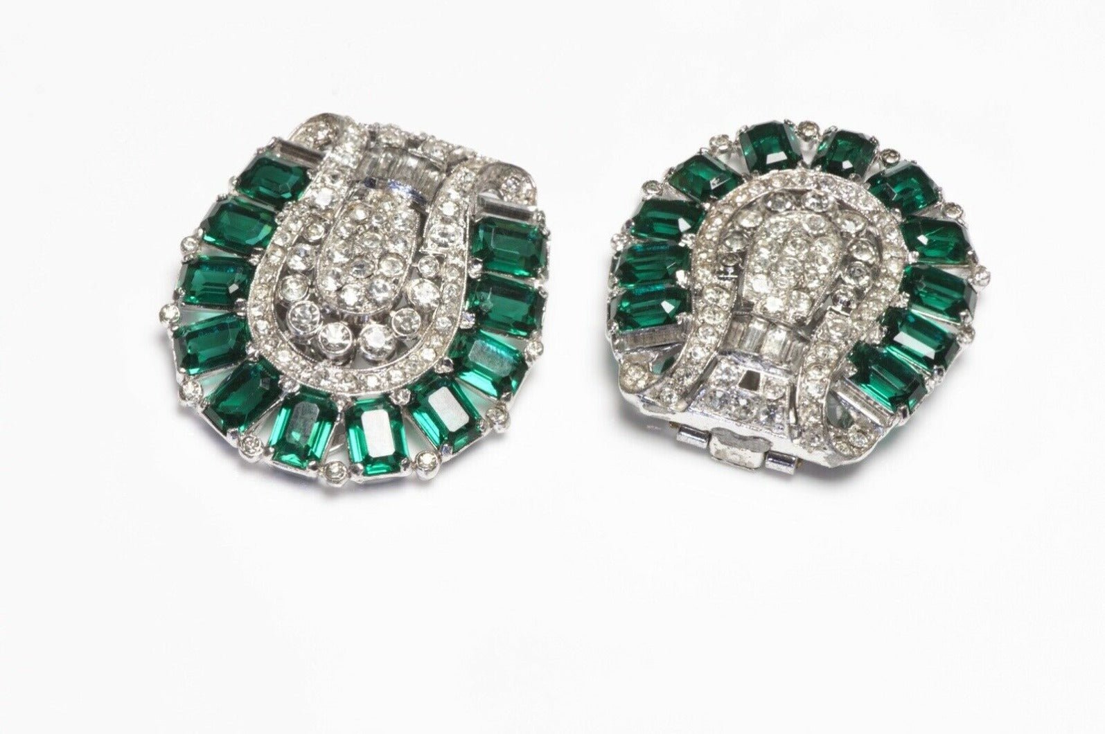 TRIFARI 1930’s KTF Alfred Philippe Green Crystal Double Clips Brooch