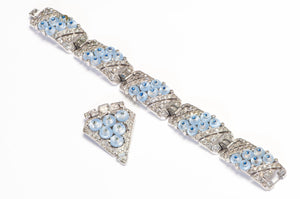 Trifari 1940’s Alfred Philippe Moonstone Glass Beads Crystal Bracelet Clip Set