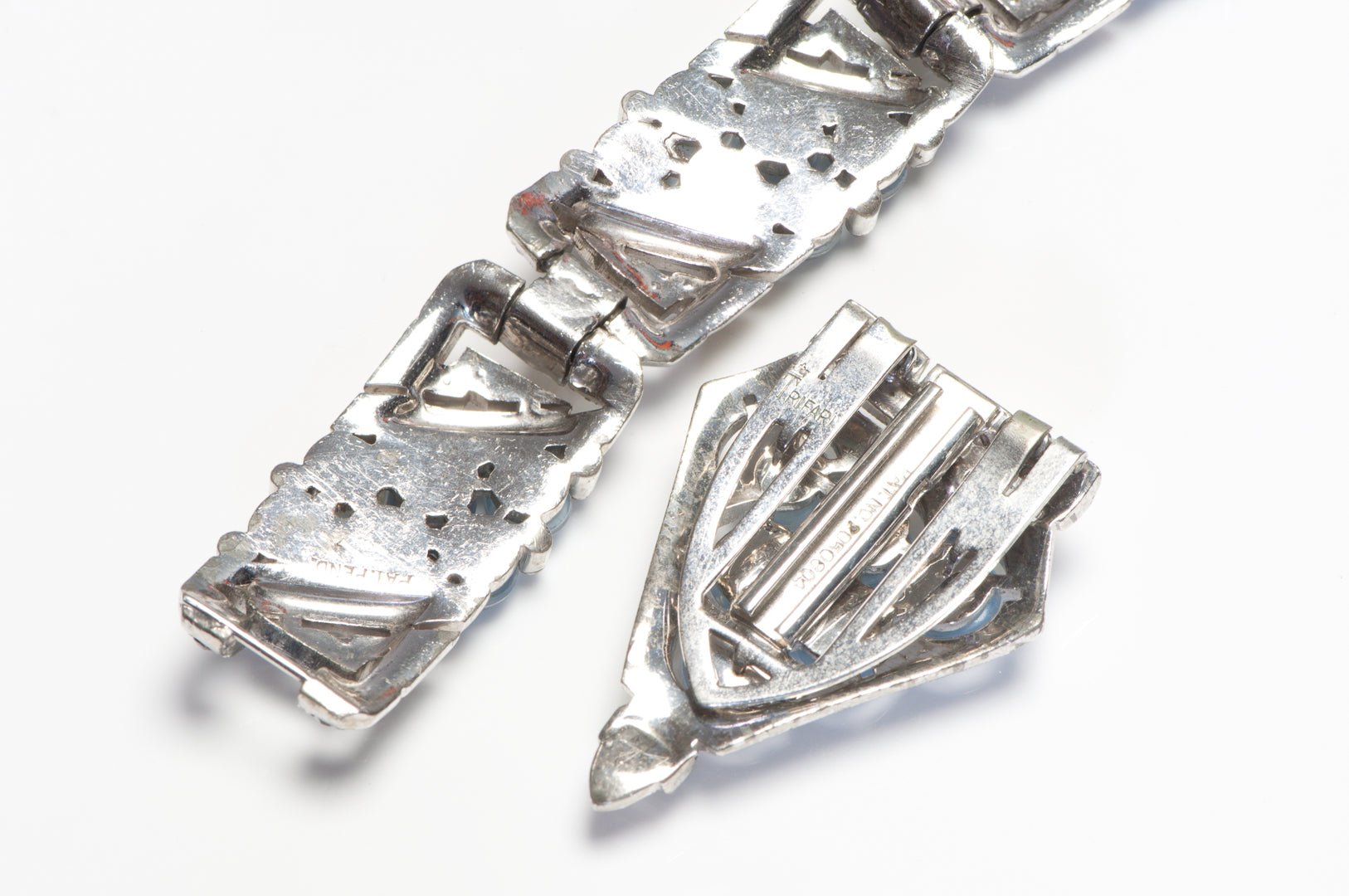 Trifari 1940’s Alfred Philippe Moonstone Glass Beads Crystal Bracelet Clip Set