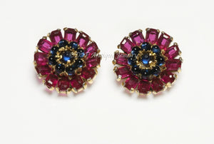 TRIFARI 1940’s Alfred Philippe Red Crystal Blue Cabochon Glass Flower Earrings