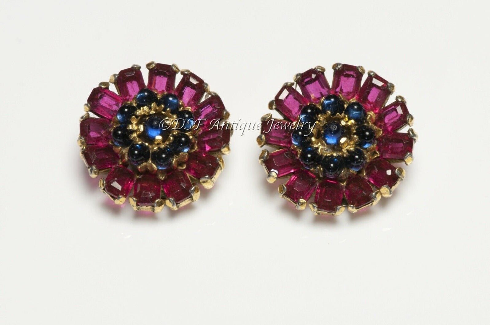 TRIFARI 1940’s Alfred Philippe Red Crystal Blue Cabochon Glass Flower Earrings