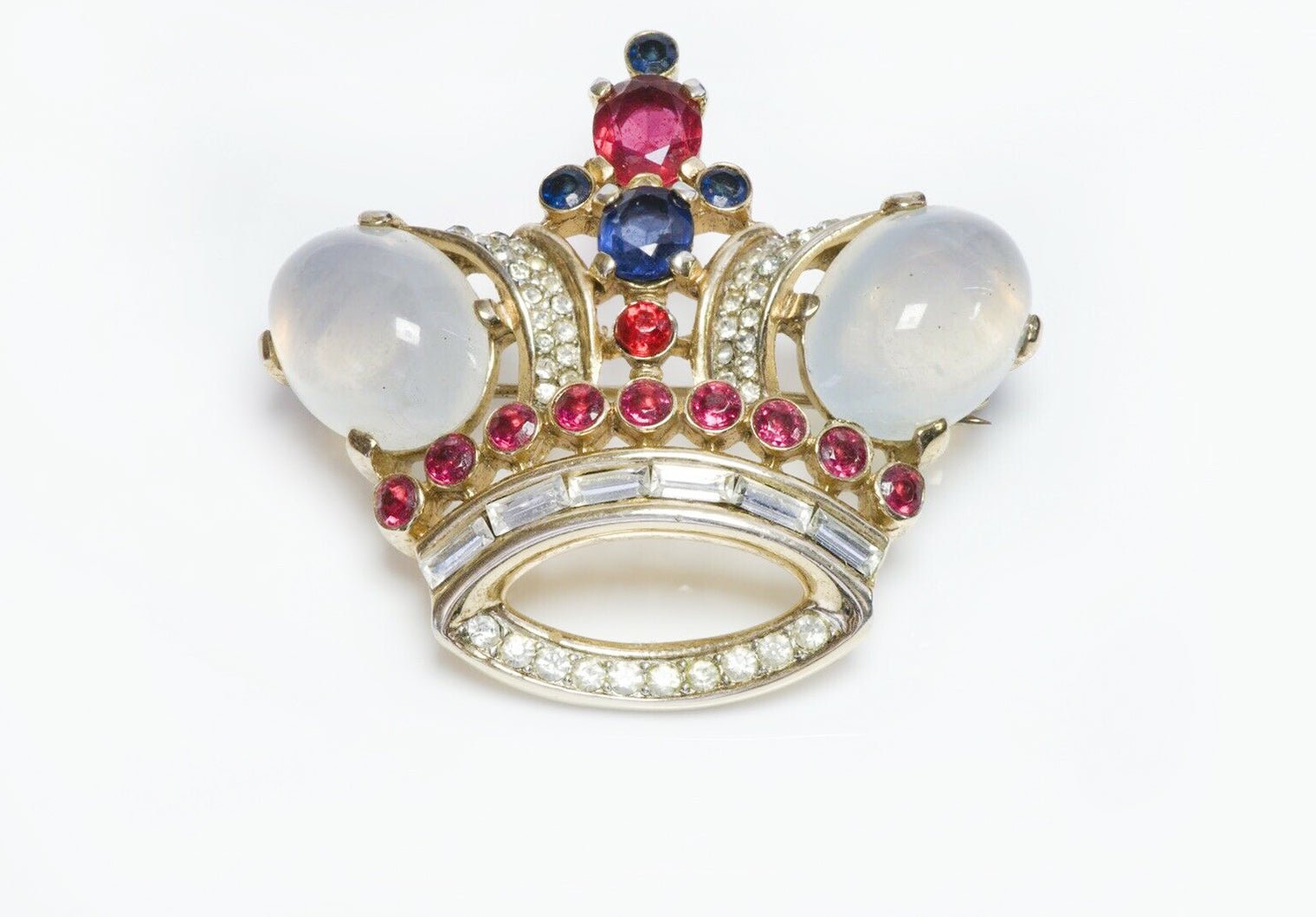 TRIFARI 1944 Alfred Philippe Sterling Glass Blue Pink Jelly Belly Crown Brooch