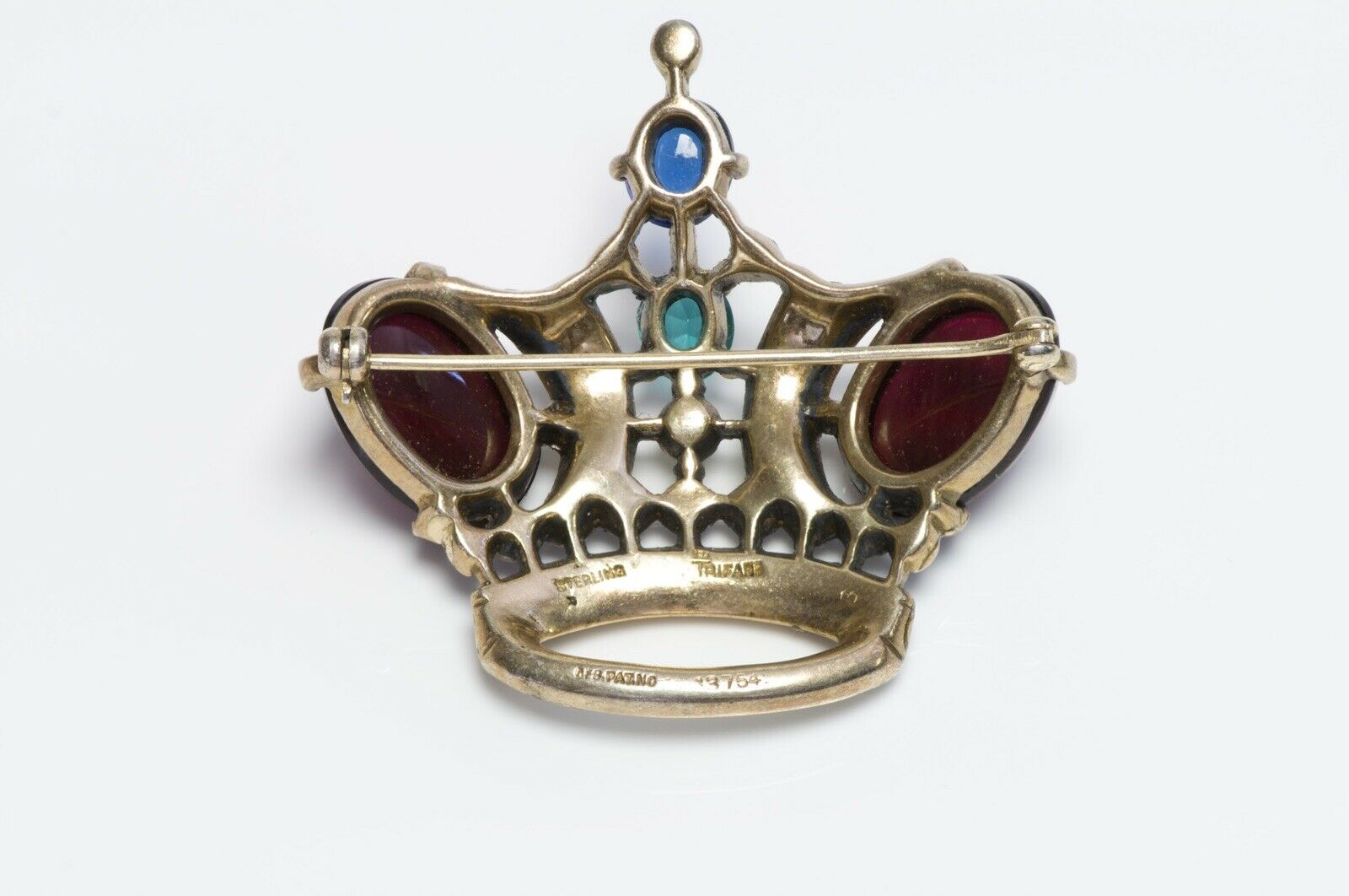 TRIFARI 1944 Alfred Philippe Sterling Red Blue Glass Jelly Belly Crown Brooch