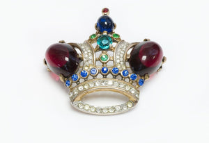 TRIFARI 1944 Alfred Philippe Sterling Red Blue Glass Jelly Belly Crown Brooch