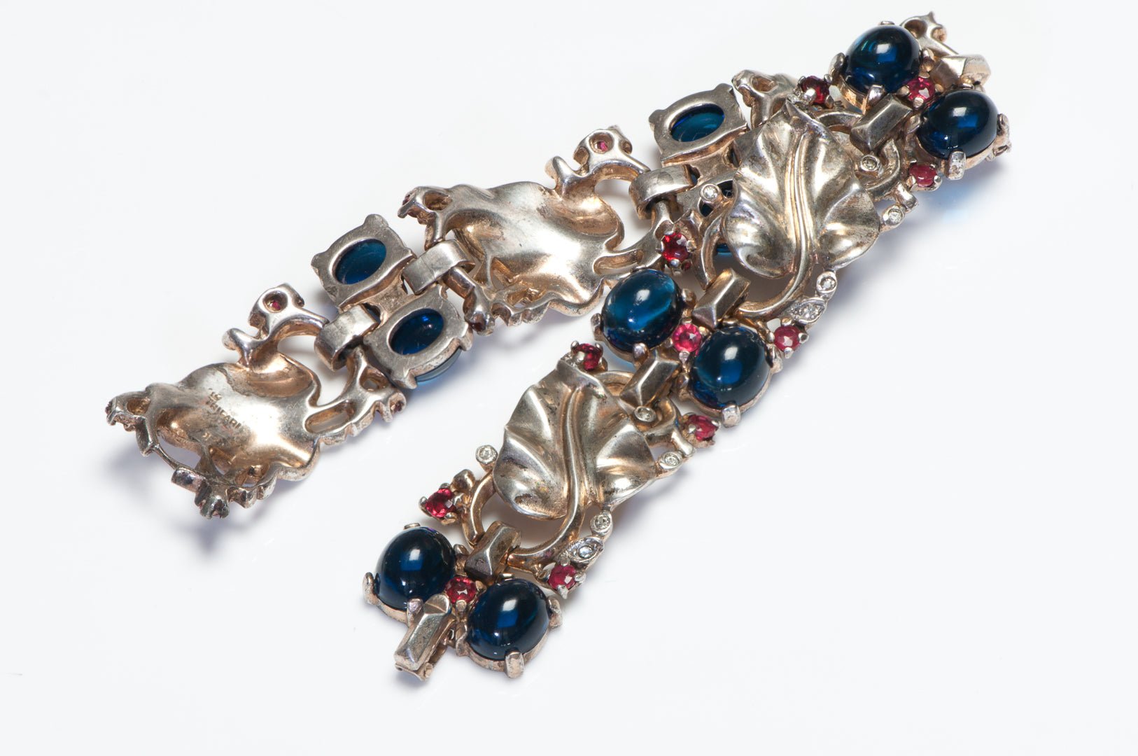 Trifari 1945 Alfred Philippe Sterling Blue Cabochon Red Crystal Leaf Bracelet