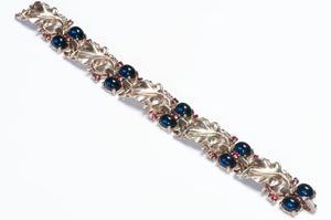 Trifari 1945 Alfred Philippe Sterling Blue Cabochon Red Crystal Leaf Bracelet