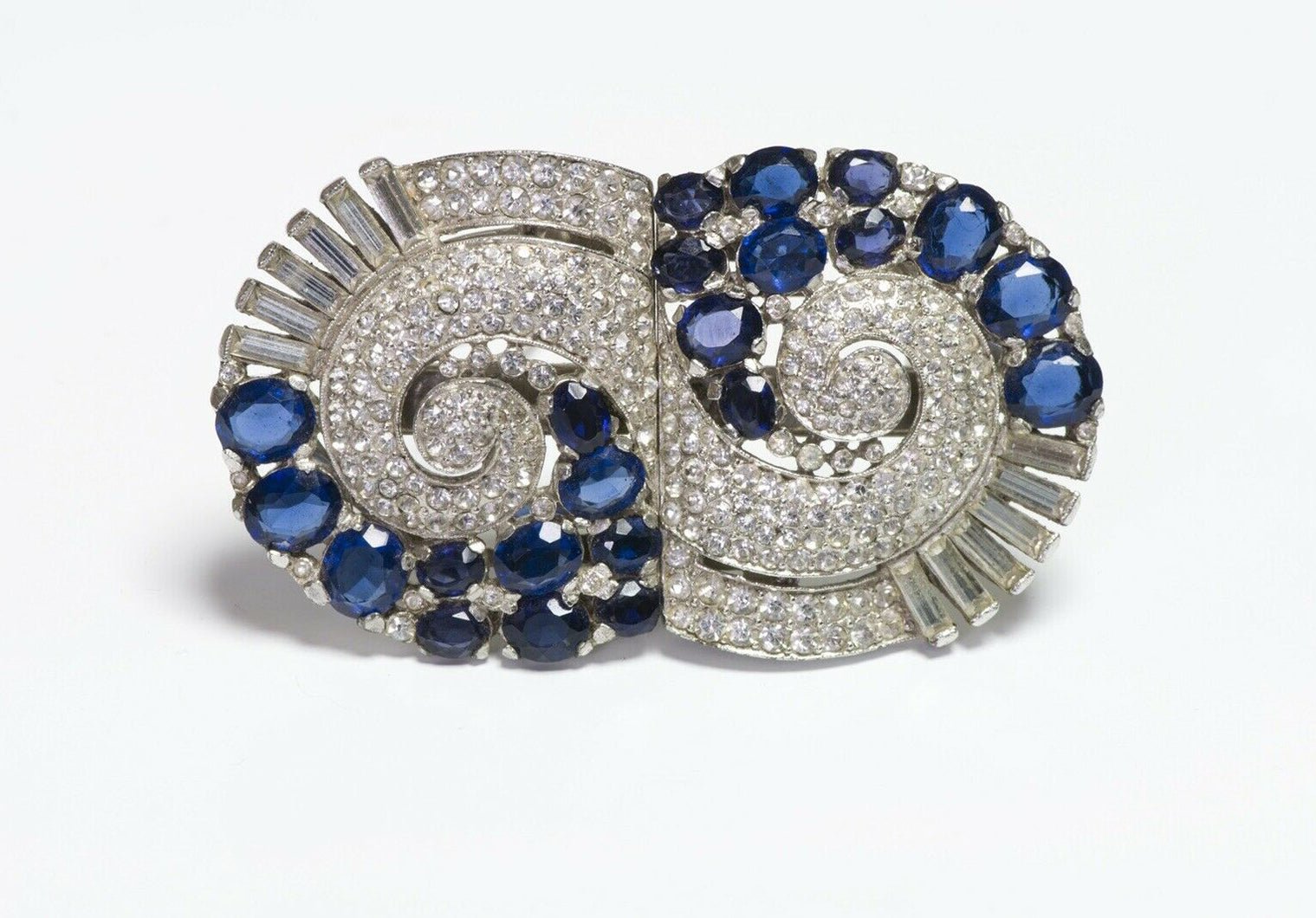 TRIFARI Alfred Philippe 1940’s Geometric Blue Crystal Double Clip Duette Brooch