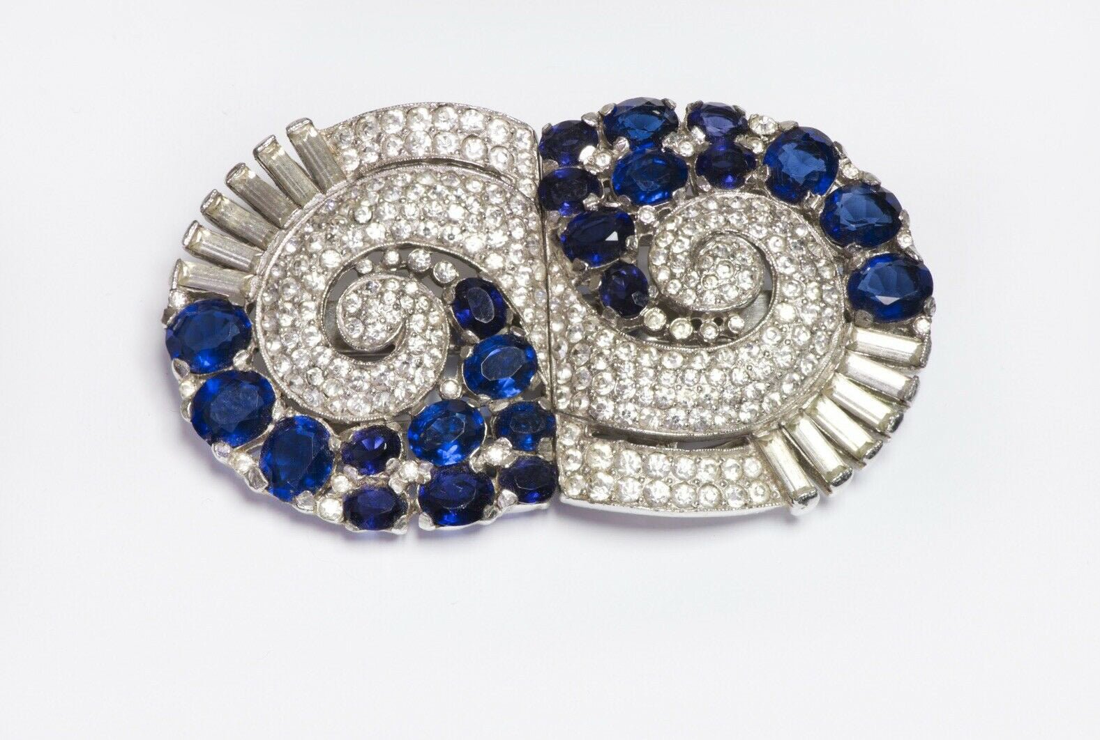 TRIFARI Alfred Philippe 1940’s Geometric Blue Crystal Double Clip Duette Brooch