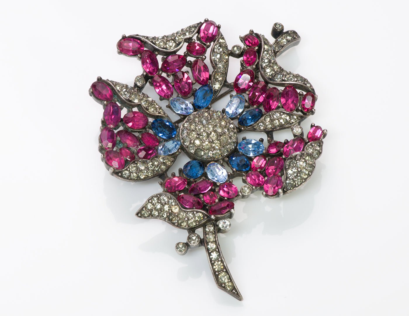 Trifari Alfred Philippe 1940’s Pink Blue Crystal Flower Brooch