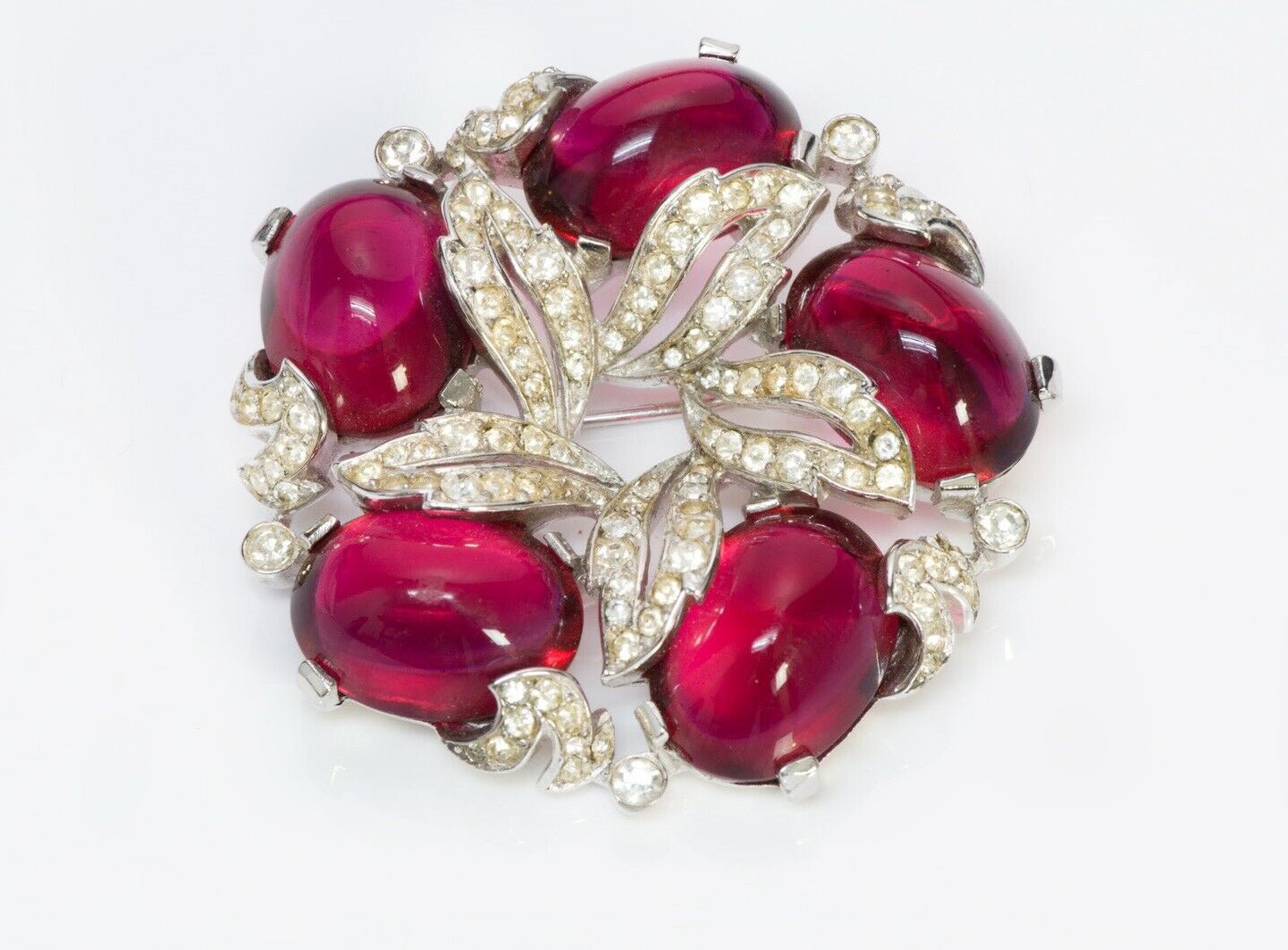 TRIFARI Alfred Philippe 1940’s Red Pink Cabochon Glass Crystal Flower Brooch