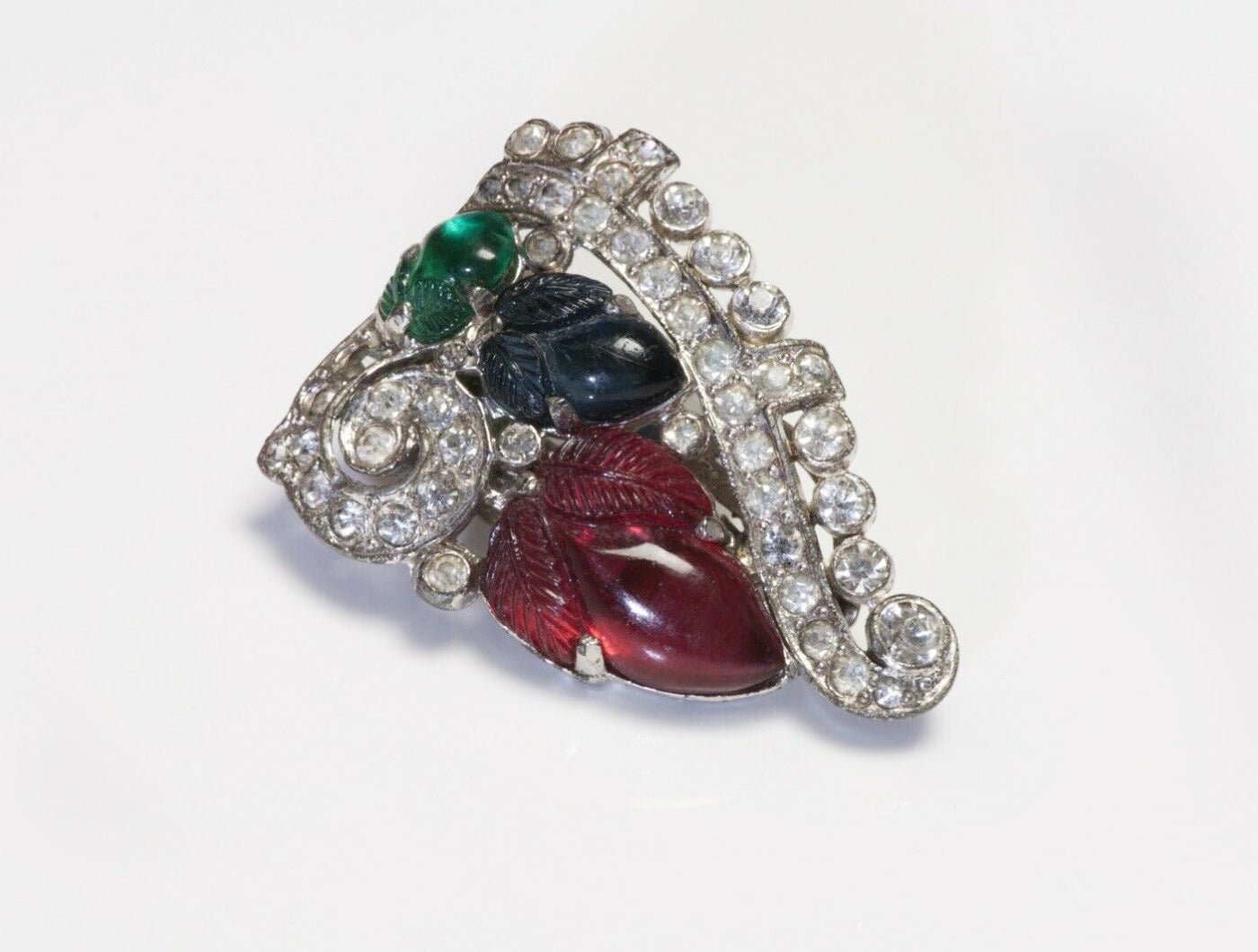 Trifari Alfred Philippe 1940’s Tutti Frutti Green Red Blue Crystal Clip Brooch