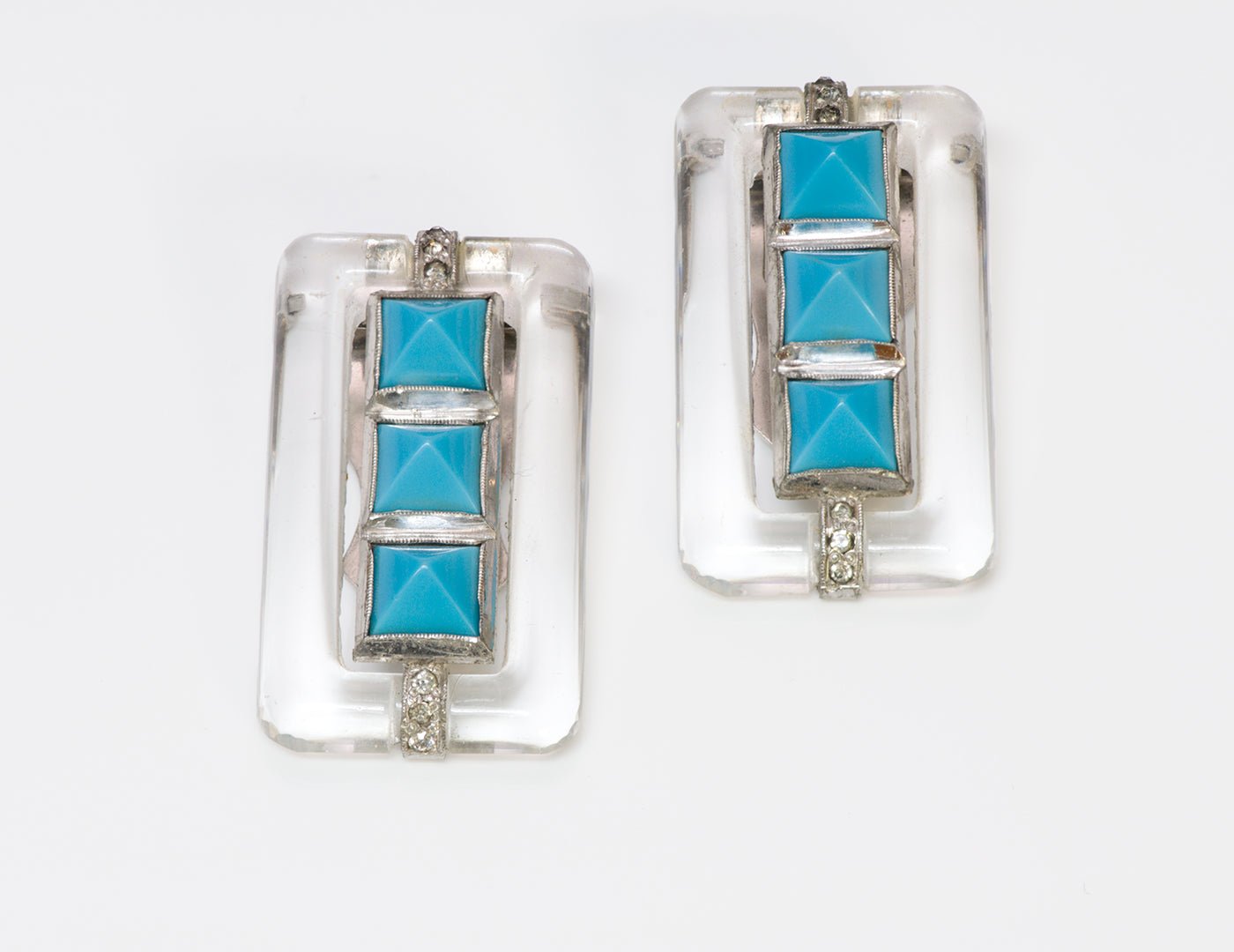 Trifari Alfred Philippe Art Deco Faux Turquoise Crystal Clips