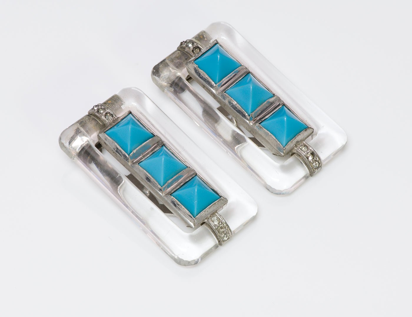 Trifari Alfred Philippe Art Deco Faux Turquoise Crystal Clips