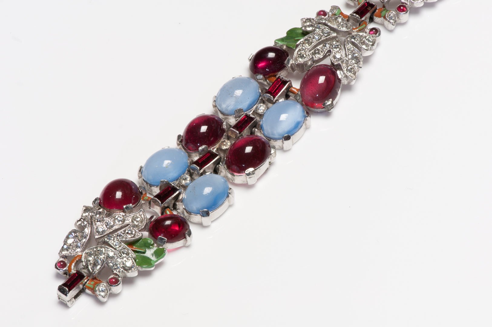 Trifari by Alfred Philippe Tutti Frutti Blue Red Glass Leaf Crystal Bracelet