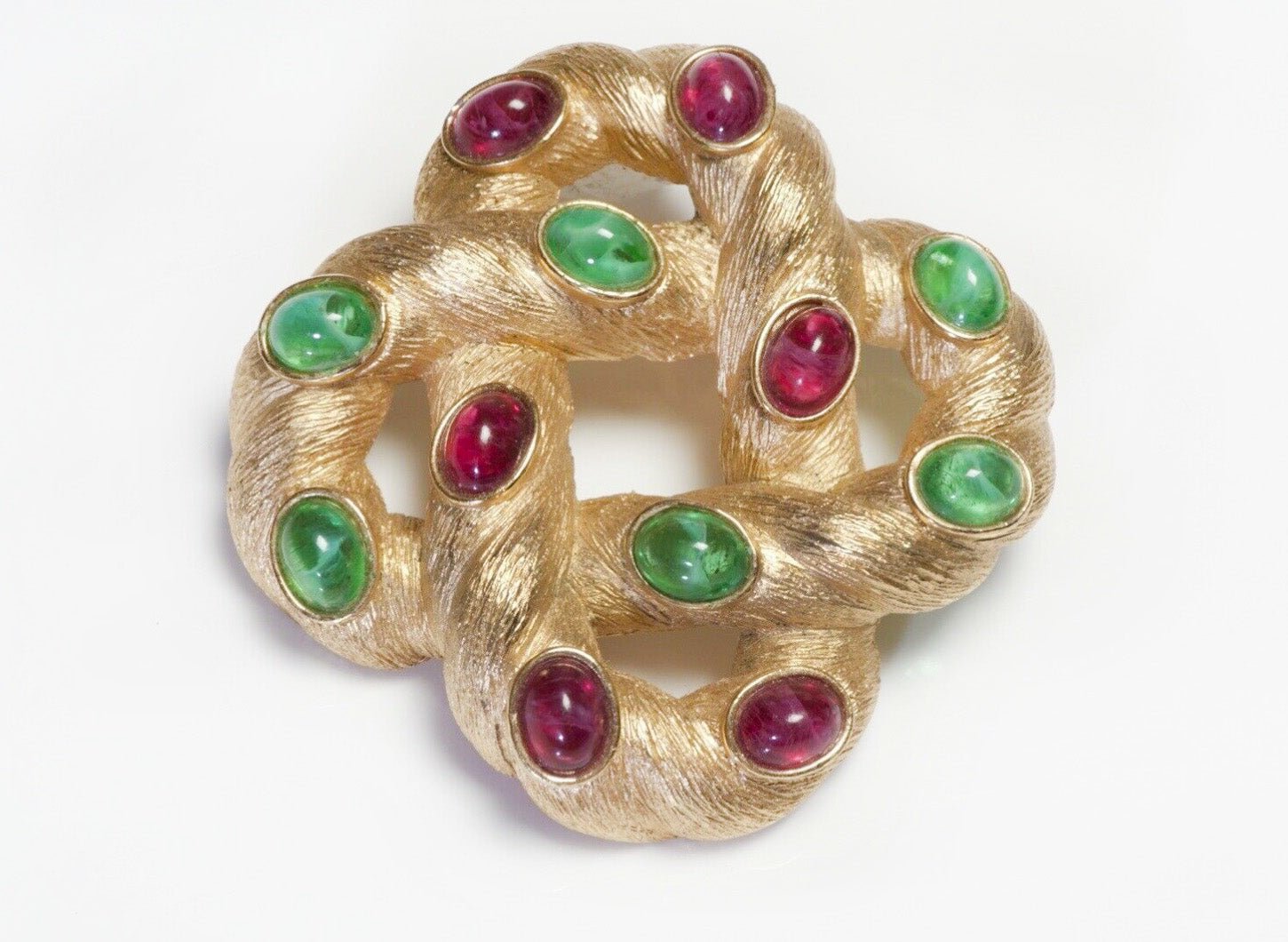 TRIFARI Gold Plated Red Green Cabochon Glass Celtic Knot Brooch