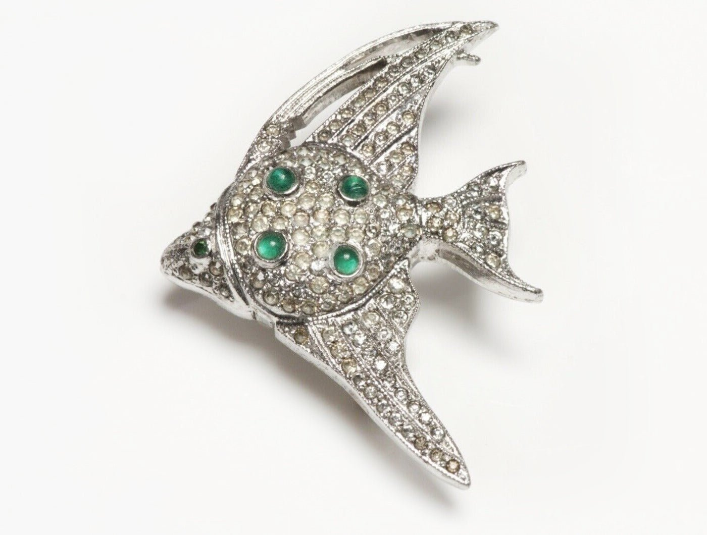 TRIFARI KTF 1930’s Alfred Philippe Green Cabochon Glass Crystal Fish Brooch