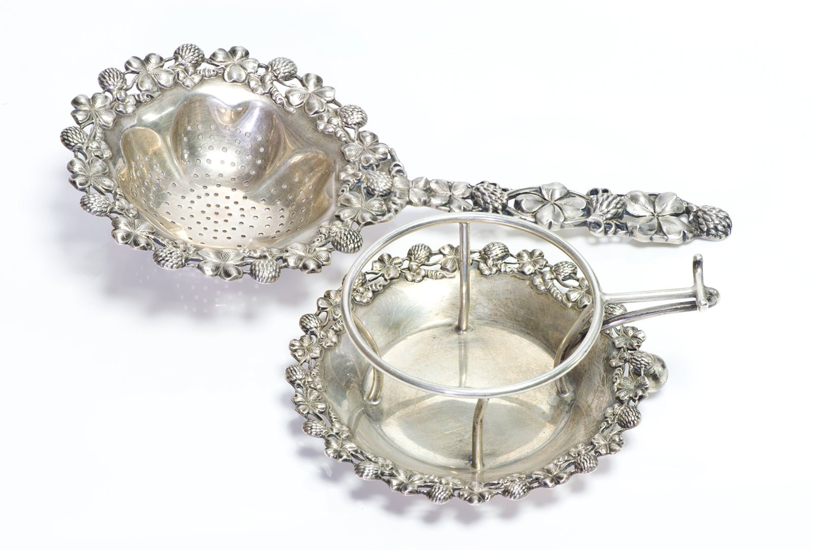 Udall & Ballou Antique Sterling Silver Tea Strainer & Stand