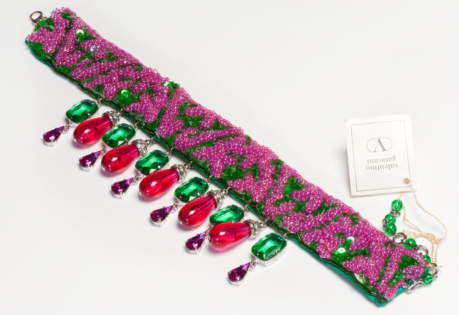 Valentino Couture 1990's Pink Crystal Beads Green Sequin Choker Necklace