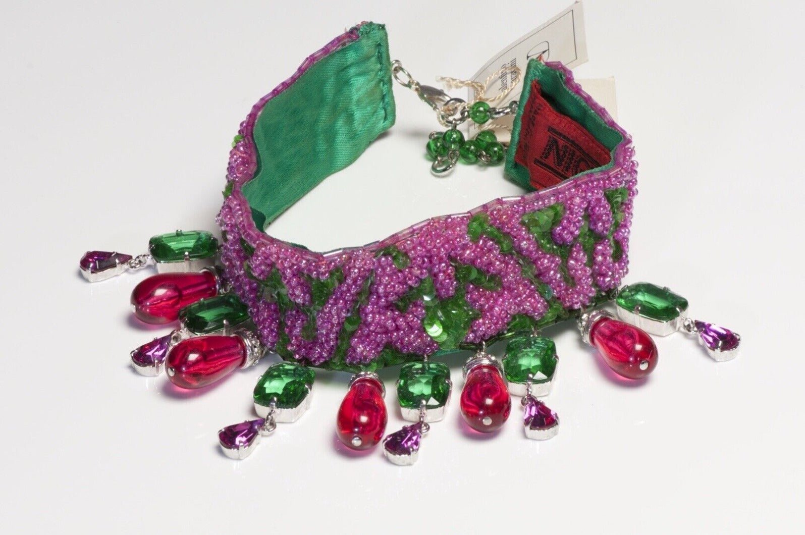 Valentino Couture 1990's Pink Crystal Beads Green Sequin Choker Necklace